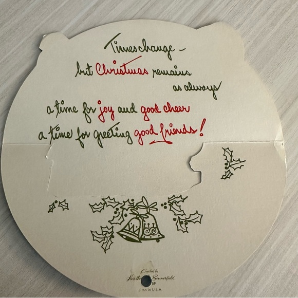 Vintage Litho Christmas Card Hawthorne & Sommerfield Unused USA Round Ornament - Picture 2 of 5